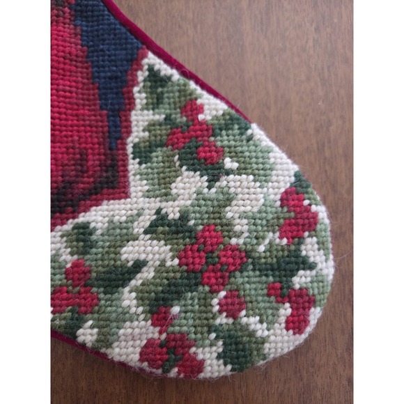 Vintage Wool Needlepoint Christmas Stocking Old World Santa And Holly St Nick - Picture 5 of 7